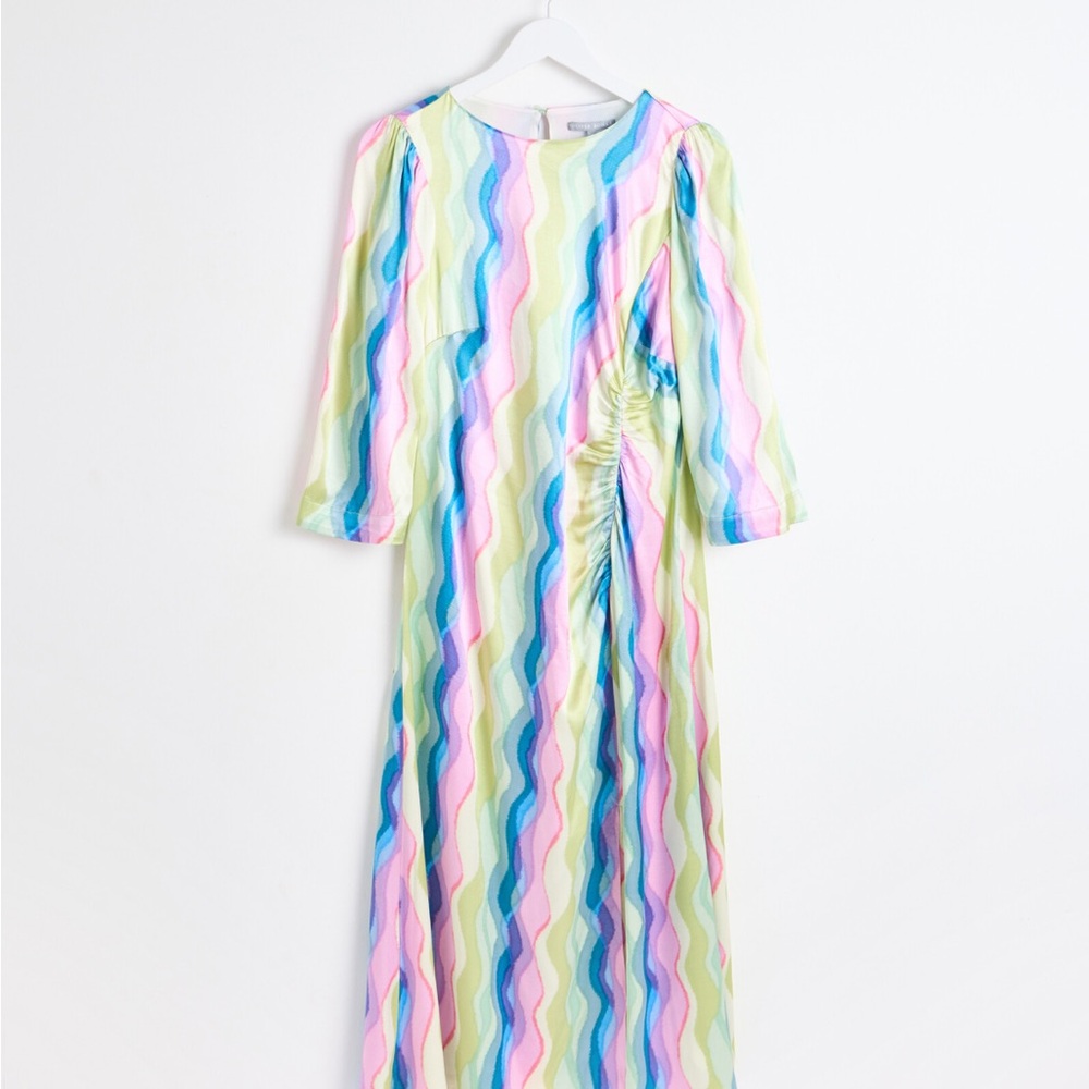 NWT Oliver Bonas Rainbow Swirl Print Ruched Midi Dress, Size 8
